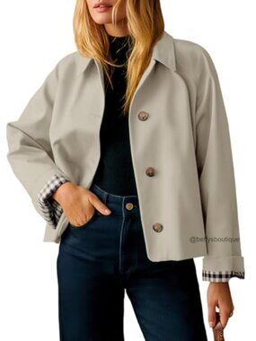 Cropped Trench Coat Lightweight Single Breasted Loose Fit Jacket